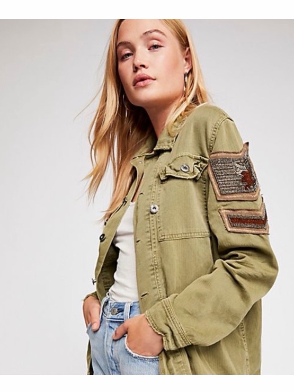 Free People Beaded Patch Utility Military Jacket Sz S